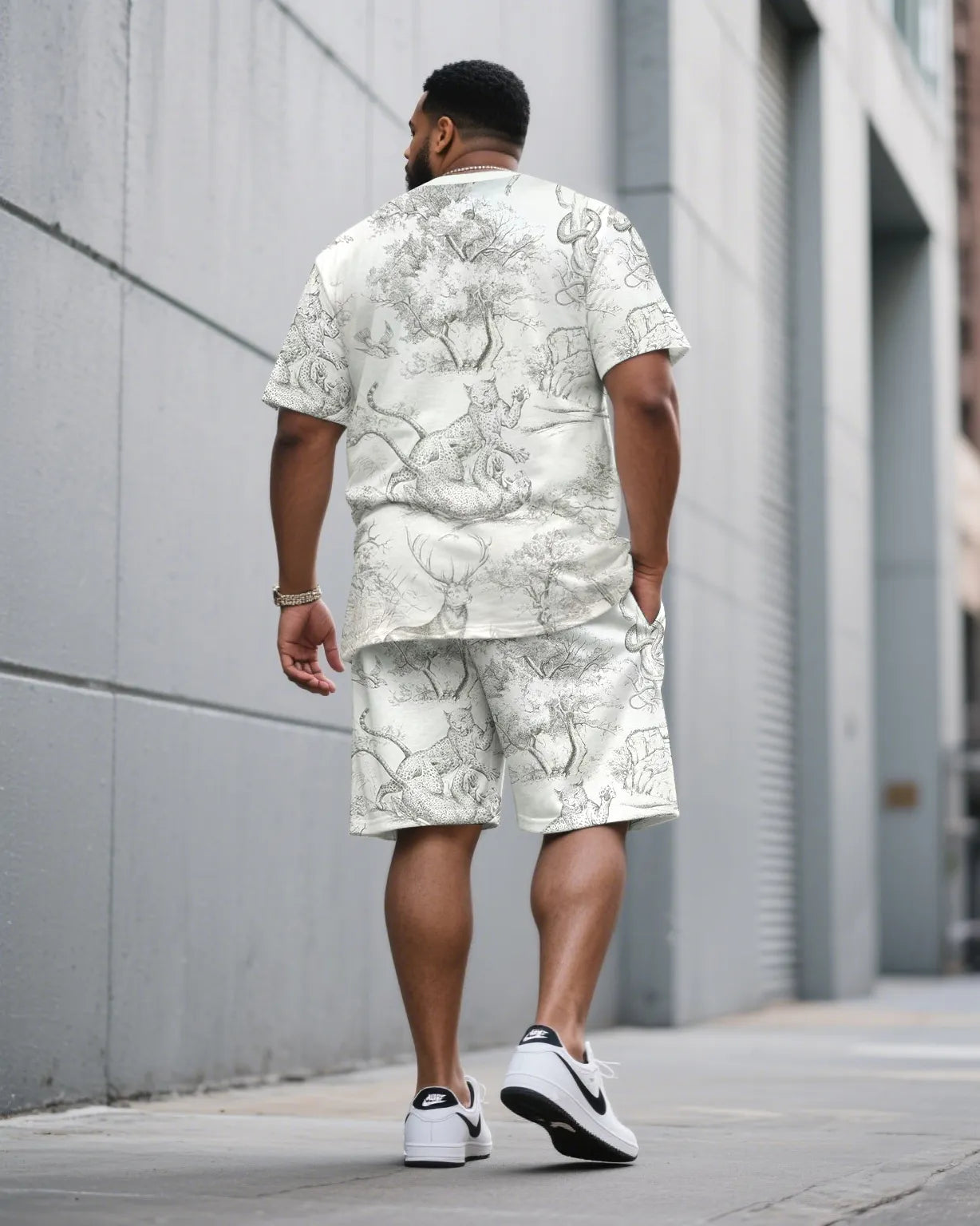 Big & Tall White Streetwear T-Shirt Shorts Set for big men view 4