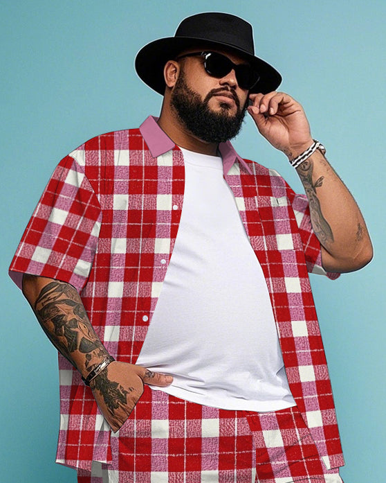 Big & Tall White Red Plaid T-Shirt Shorts Set for big men view 2