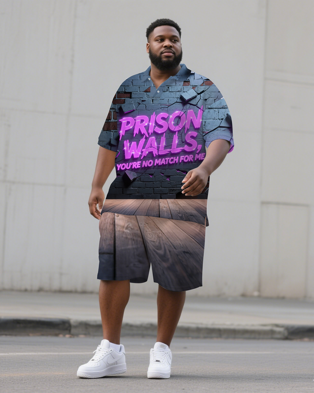 Big & Tall Purple Graphic Graffiti Polo Shorts Set for big men view 1