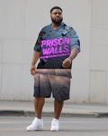 Big & Tall Purple Graphic Graffiti Polo Shorts Set for big men view 1