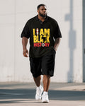 Big & Tall Black Juneteenth Graphic Polo Shorts Set for big men view 1