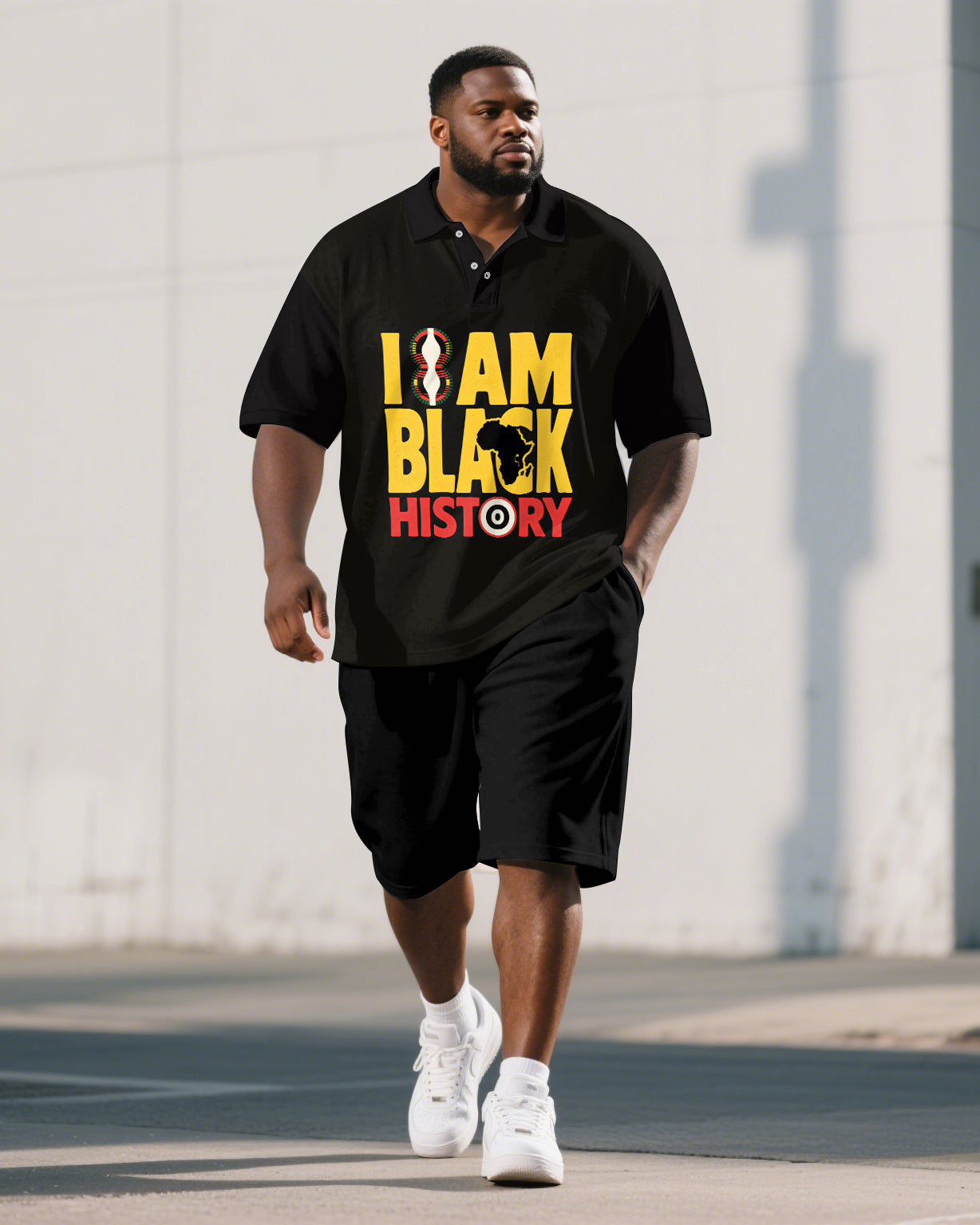 Big & Tall Black Juneteenth Graphic Polo Shorts Set for big men view 1