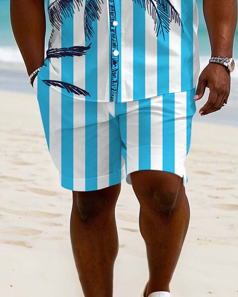 Big & Tall White Blue Hawaiian T-Shirt Shorts Set for big men view 3