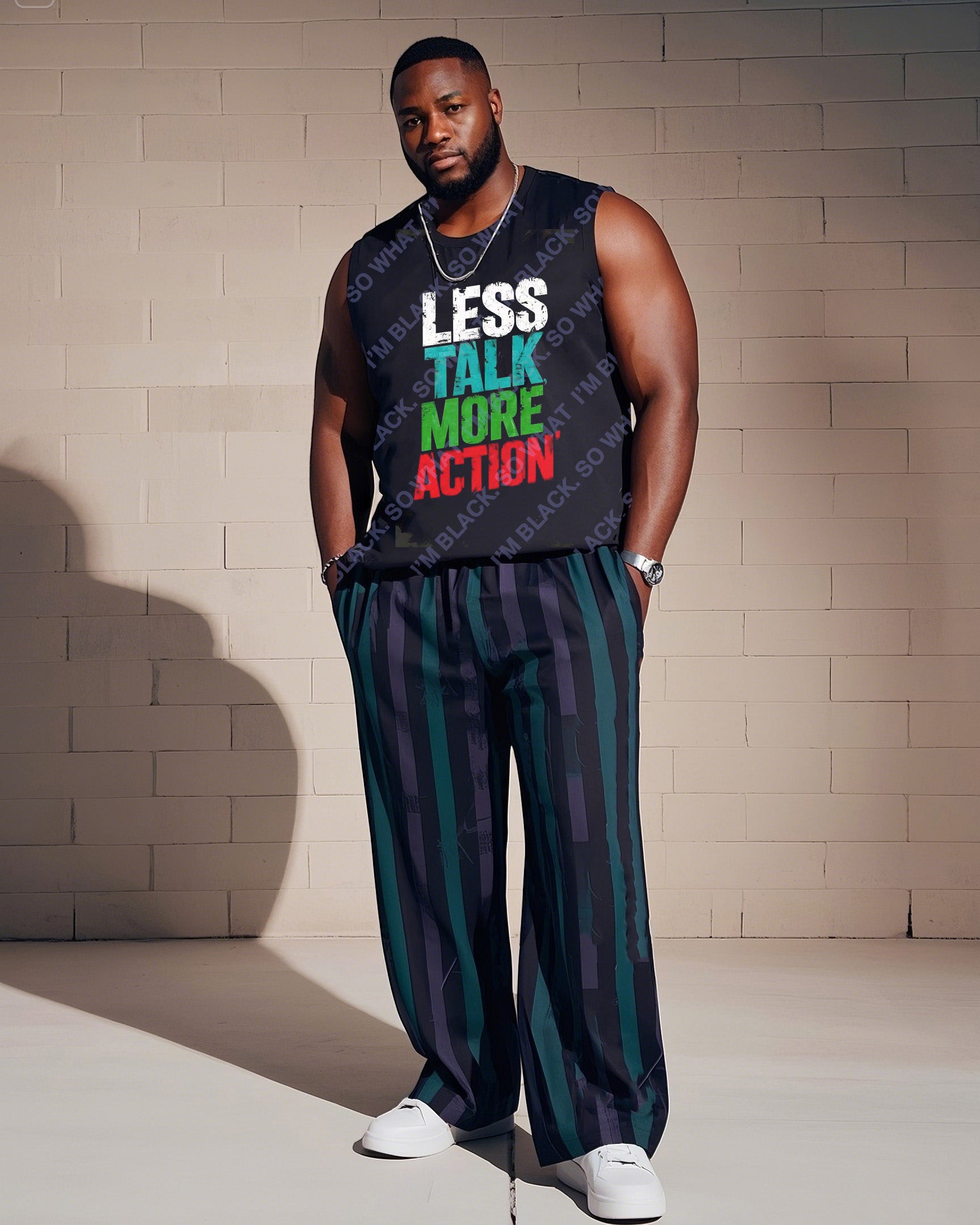 Big & Tall Black Streetwear Skull Vest Pants Set for big men view 1
