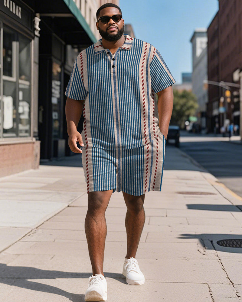 Big & Tall Blue Striped Graphic Polo Shorts Set for big men view 1