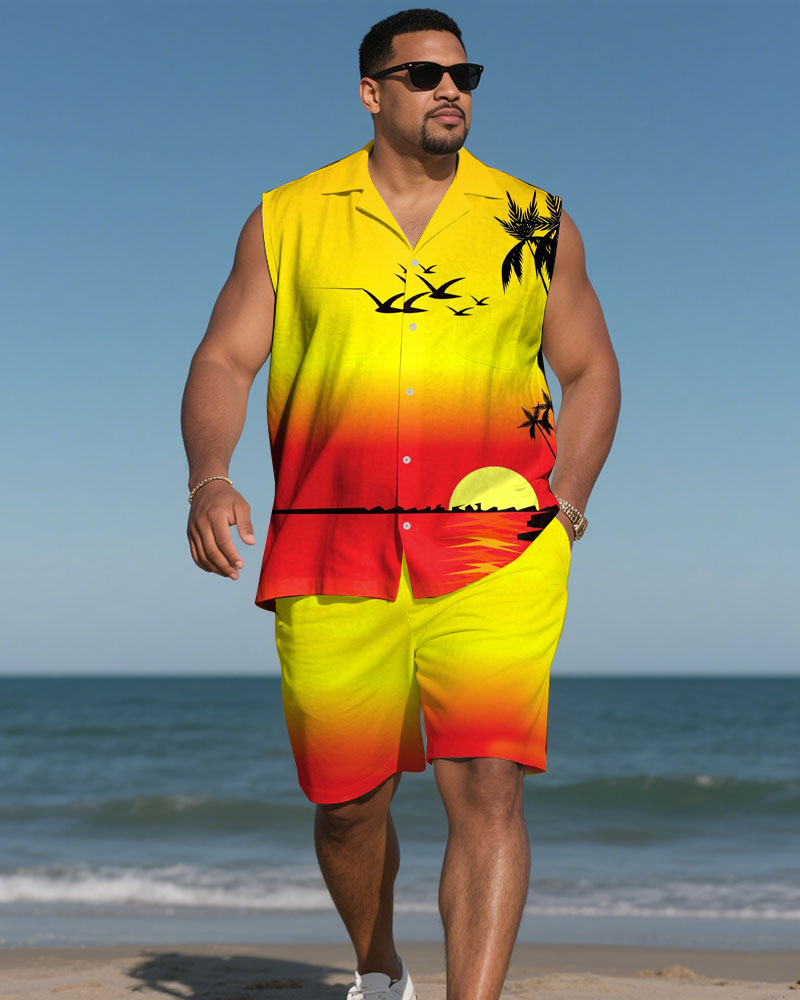 Big & Tall Yellow Hawaiian Graphic Shirt Shorts Set for big men view 1
