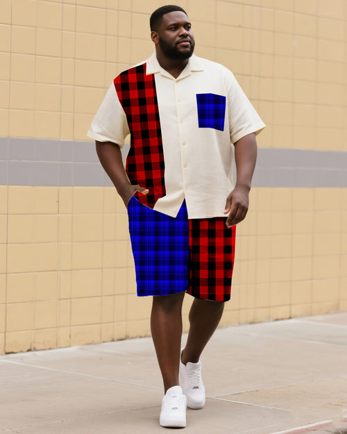 Big & Tall Colorblock Plaid T-Shirt Shorts Set for big men view 1