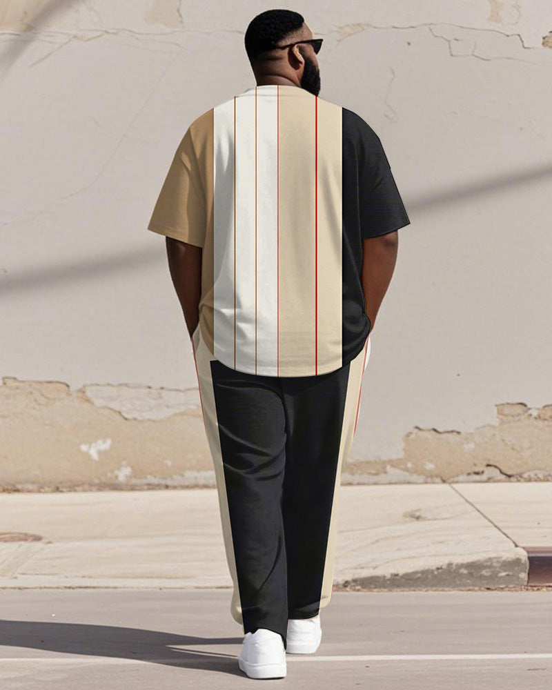 Big & Tall Black Khaki Colorblock T-Shirt Pants Set for big men view 4
