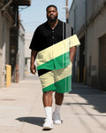 Big & Tall Black Green Geometric T-Shirt Shorts Set for big men view 1