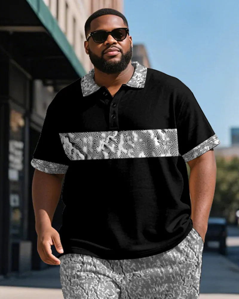 Big & Tall Black Patchwork Polo Shorts Set for big men view 3