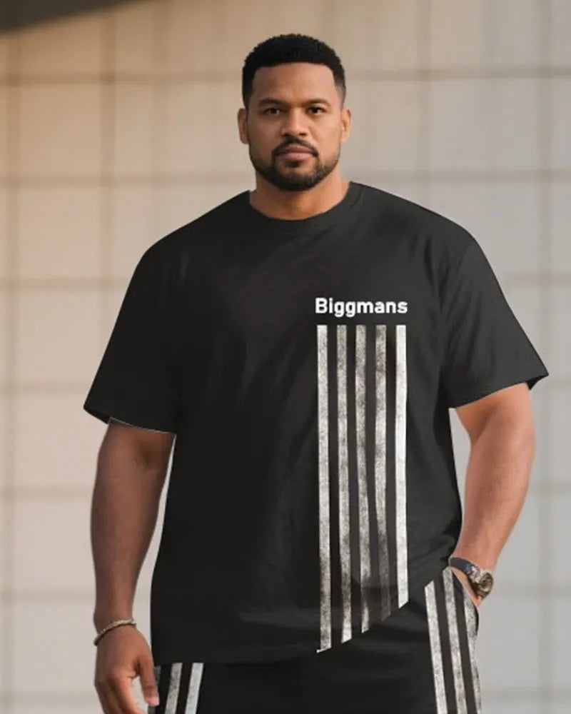 Big & Tall Black Striped T-Shirt Shorts Set for big men view 2