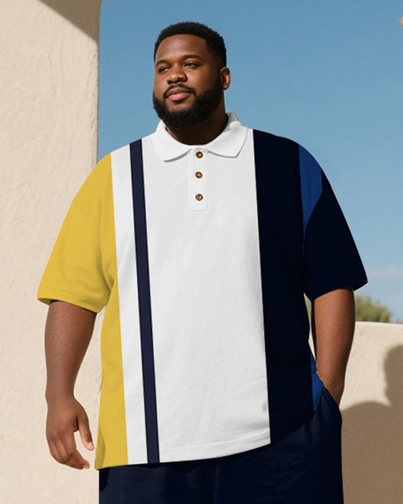 Big & Tall Blue Yellow Striped Polo Shorts Set for big men view 2