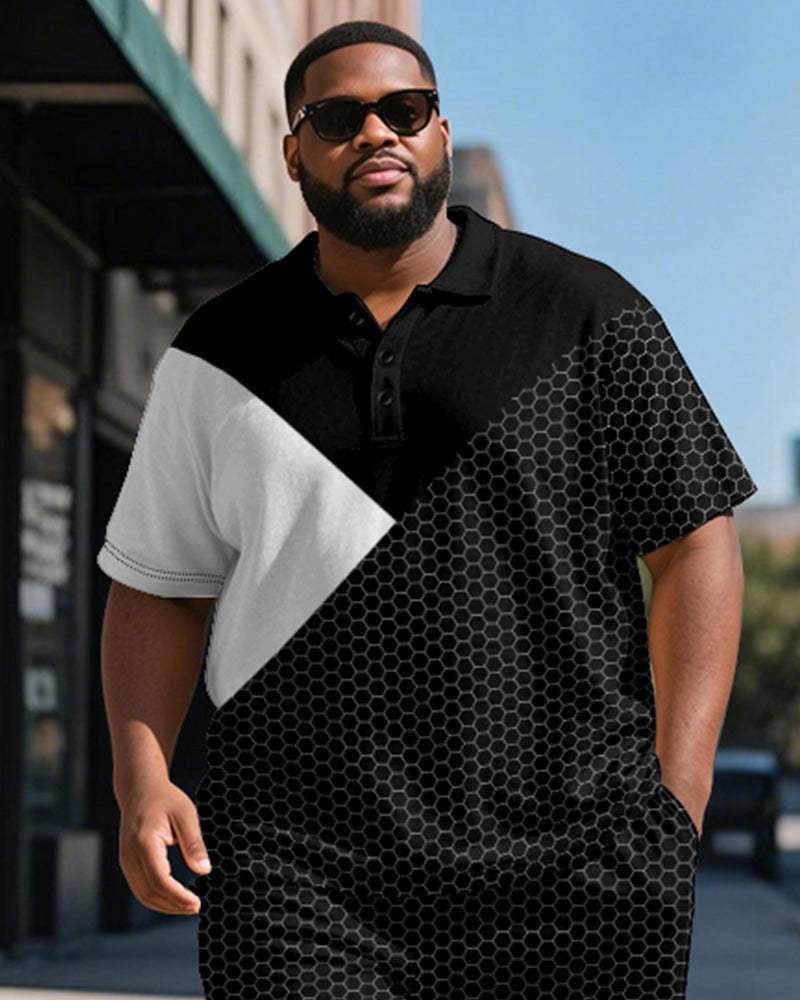 Big & Tall Black White Patchwork Polo Shorts Set for big men view 2