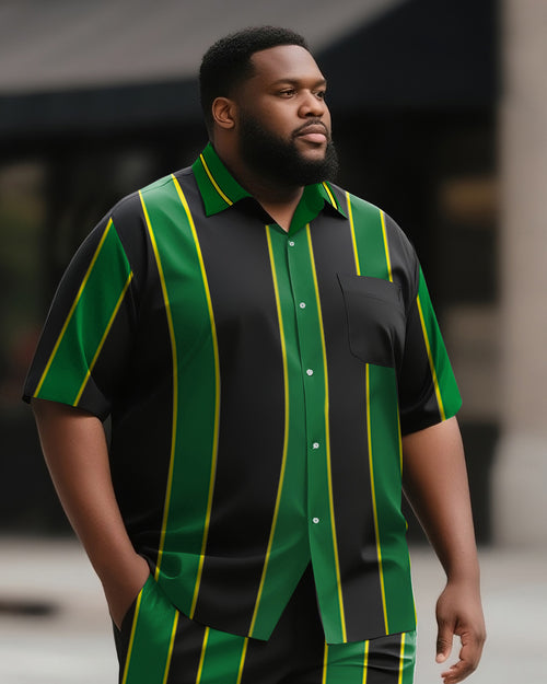Big & Tall Black Green Colorblock T-Shirt Shorts Set for big men view 2