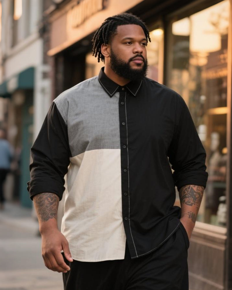 Big & Tall Black White Colorblock Long Sleeve Shirt for big men