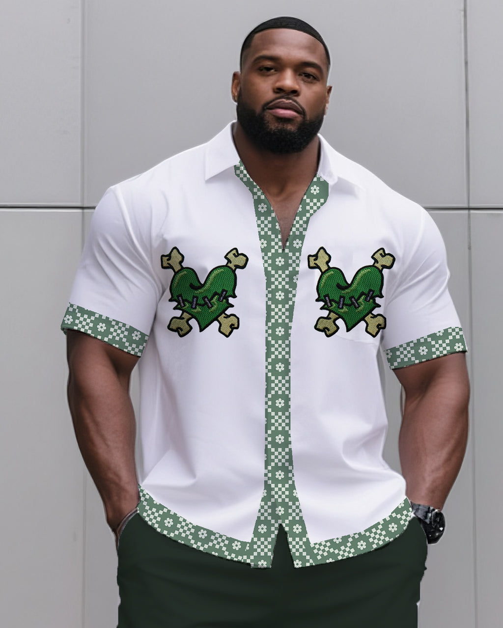 Big & Tall Green Skull T-Shirt Shorts Set for big men view 2