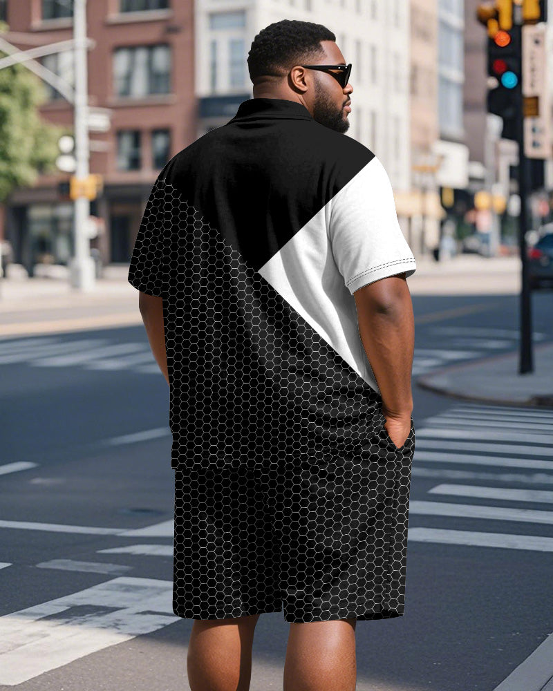 Big & Tall Black White Patchwork Polo Shorts Set for big men view 4