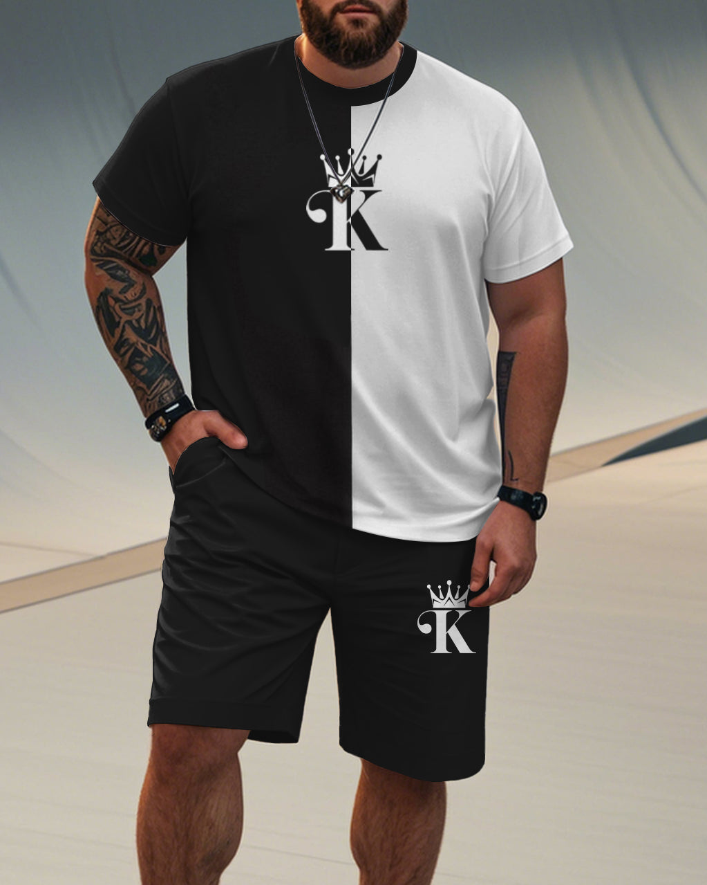 Big & Tall Black White Graphic T-Shirt Shorts Set for big men view 1