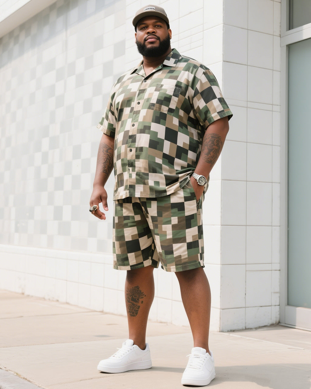 Big & Tall Plaid Camouflage T-Shirt Shorts Set for big men view 2