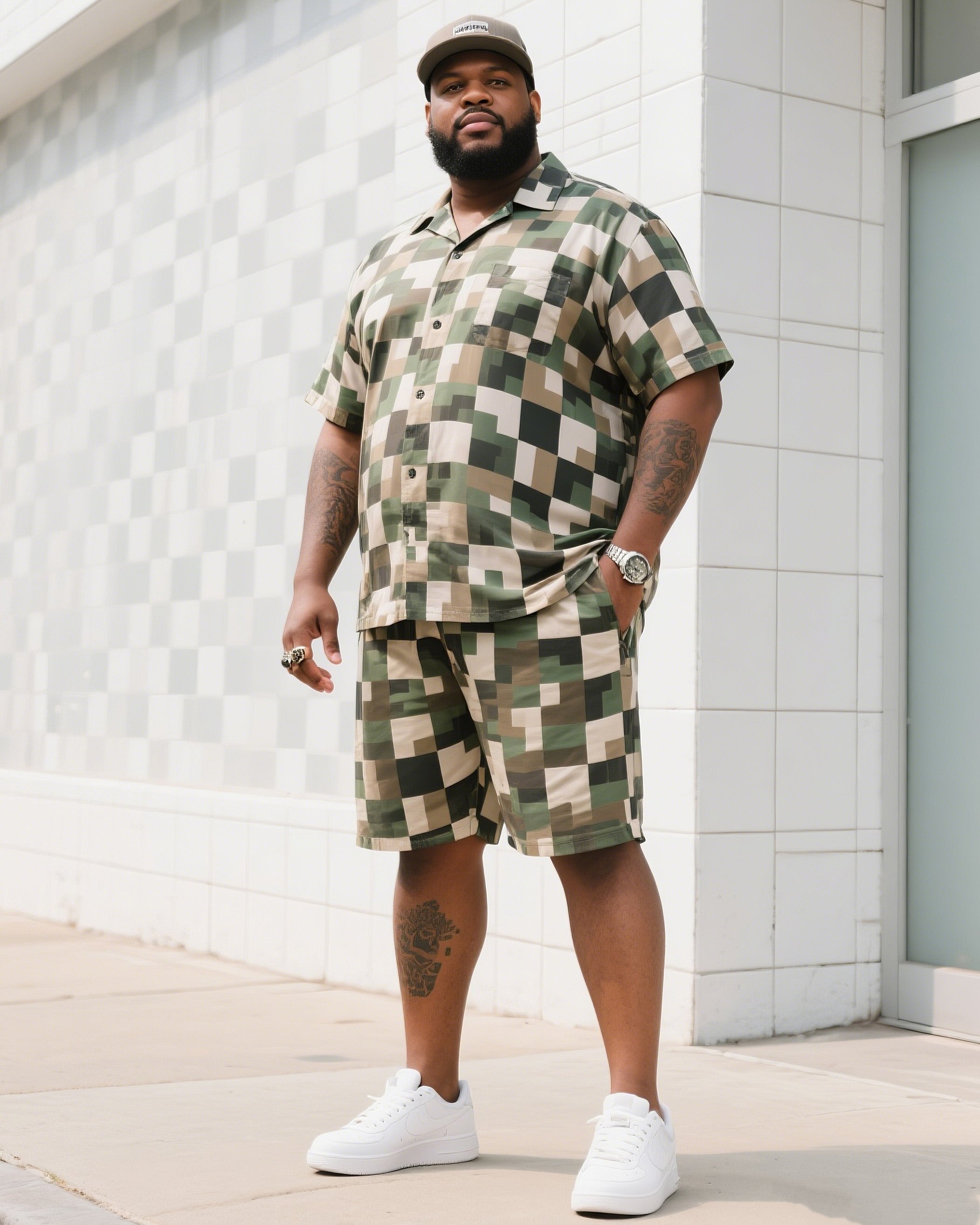 Big & Tall Plaid Camouflage T-Shirt Shorts Set for big men view 2