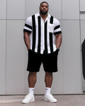 Big & Tall Black Blue Striped T-Shirt Shorts Set for big men view 1