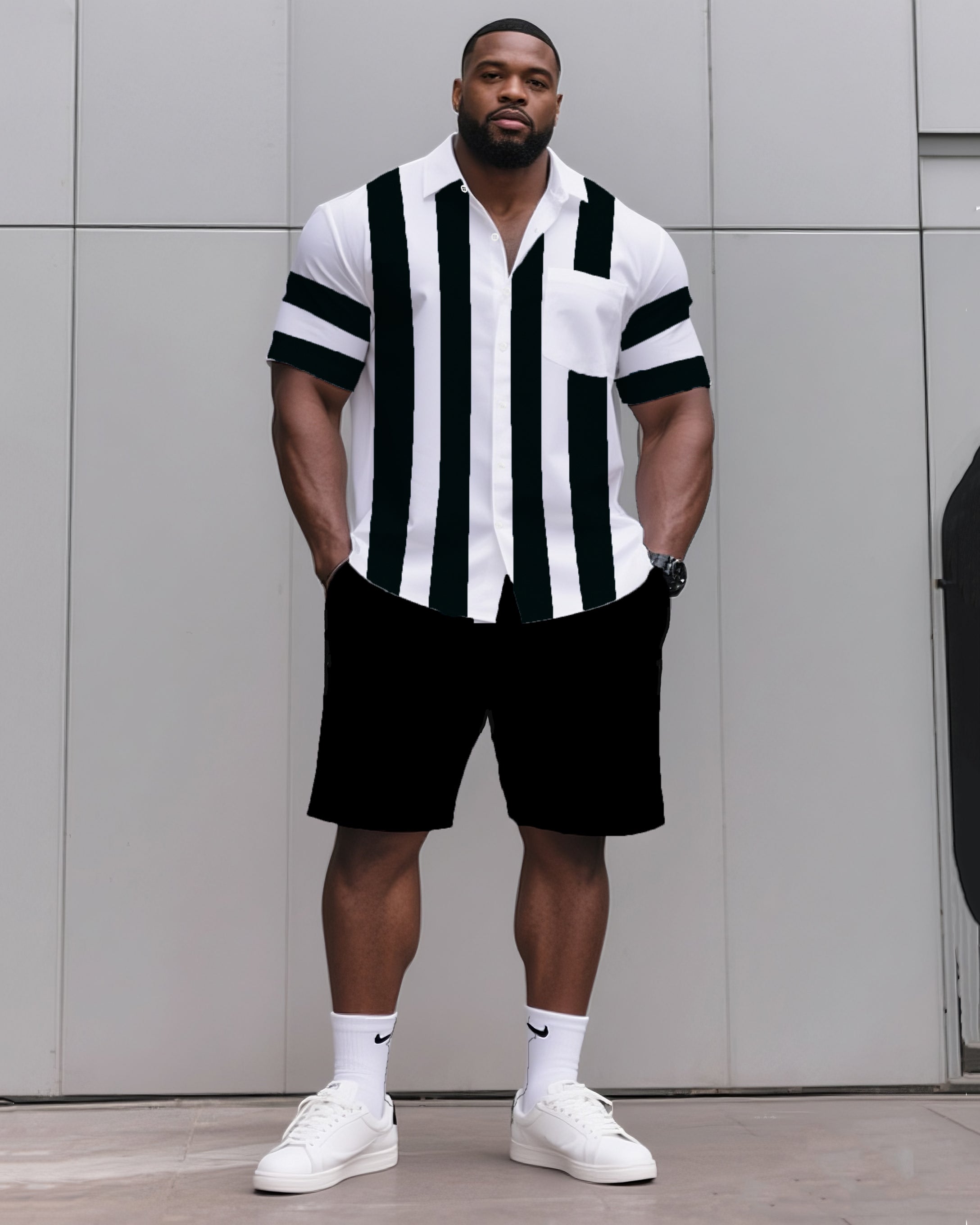 Big & Tall Black Blue Striped T-Shirt Shorts Set for big men view 1