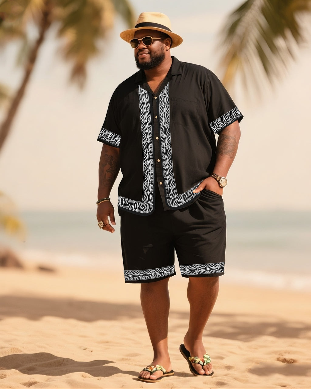 Big & Tall Black White Striped T-Shirt Shorts Set for big men view 1