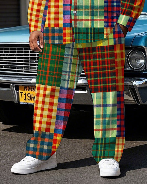 Big & Tall Colorblock Plaid T-Shirt Pants Set for big men view 3