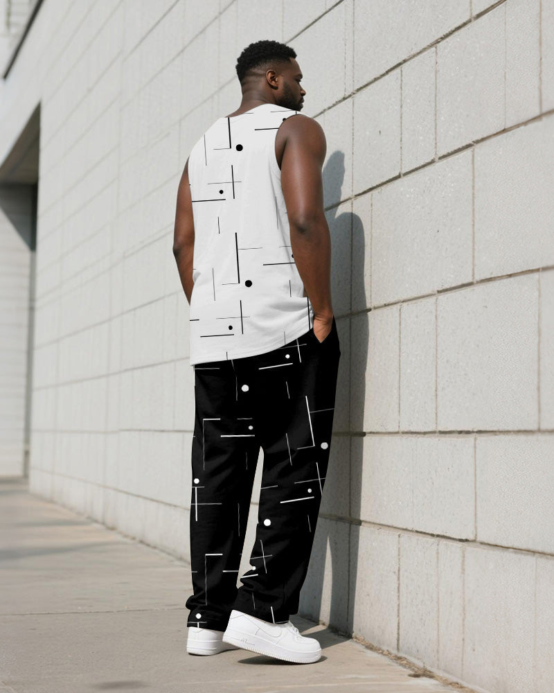 Big & Tall Black White Geometric Vest Pants Set for big men view 4