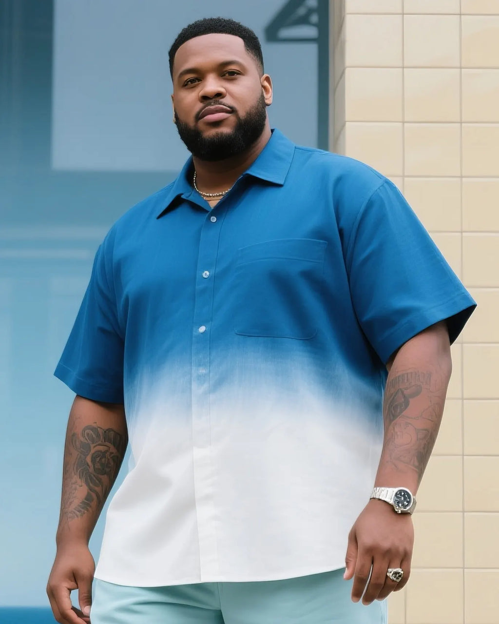 Big & Tall Blue Gradient T-Shirt Shorts Set for big men view 2