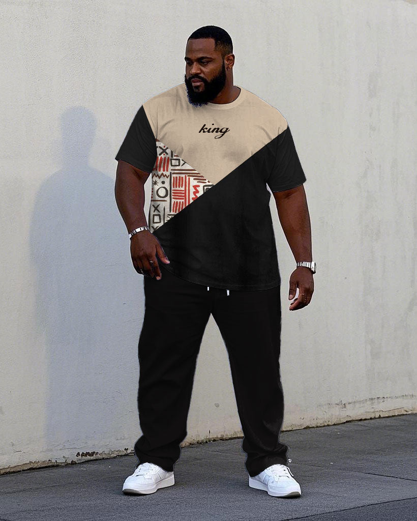 Big & Tall Black Khaki Colorblock T-Shirt Pants Set for big men view 1