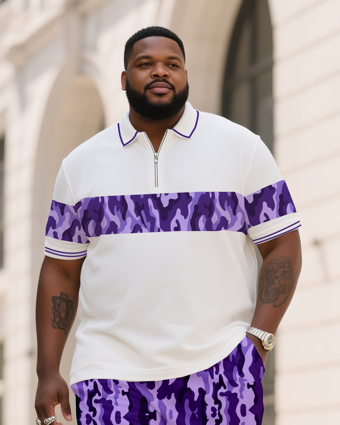 Big & Tall Striped Camouflage Polo Shorts Set for big men view 2