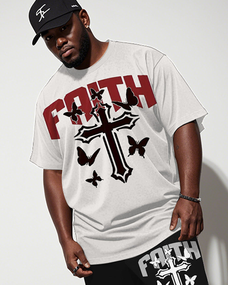 Big & Tall White Graphic T-Shirt Shorts Set for big men view 2