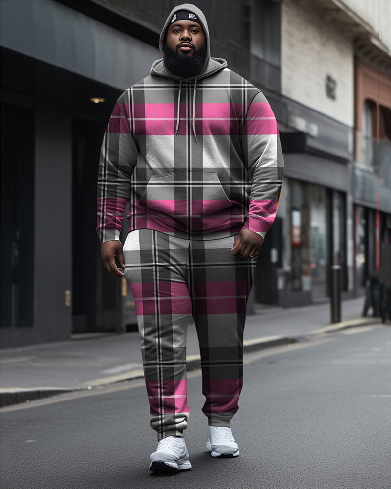 Big & Tall Pink Gray Plaid Hoodie Sweatpants Set for big men view 1