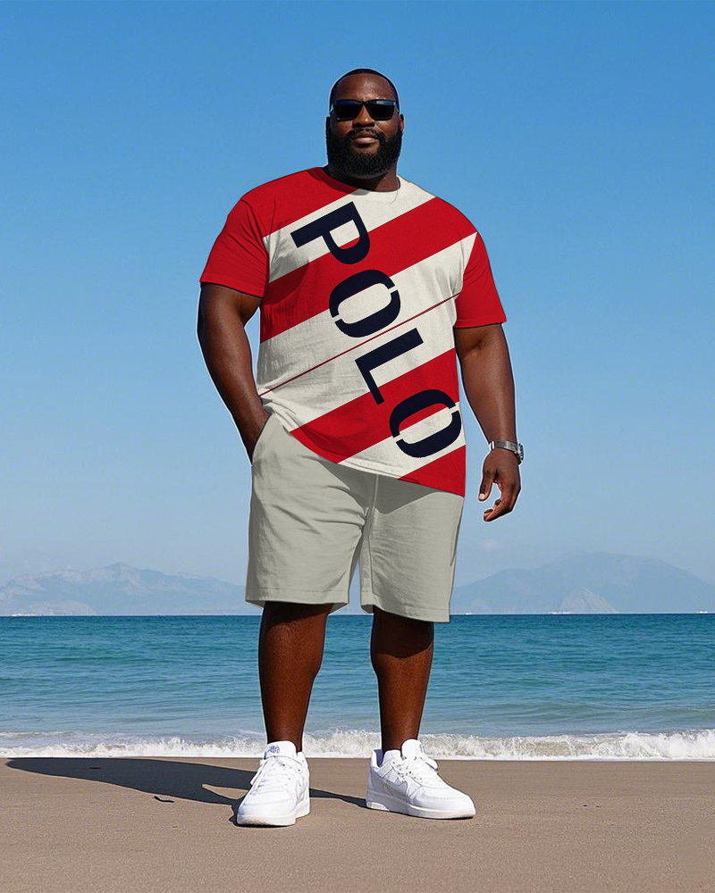 Big & Tall Red Colorblock Graphic T-Shirt Shorts Set for big men view 1