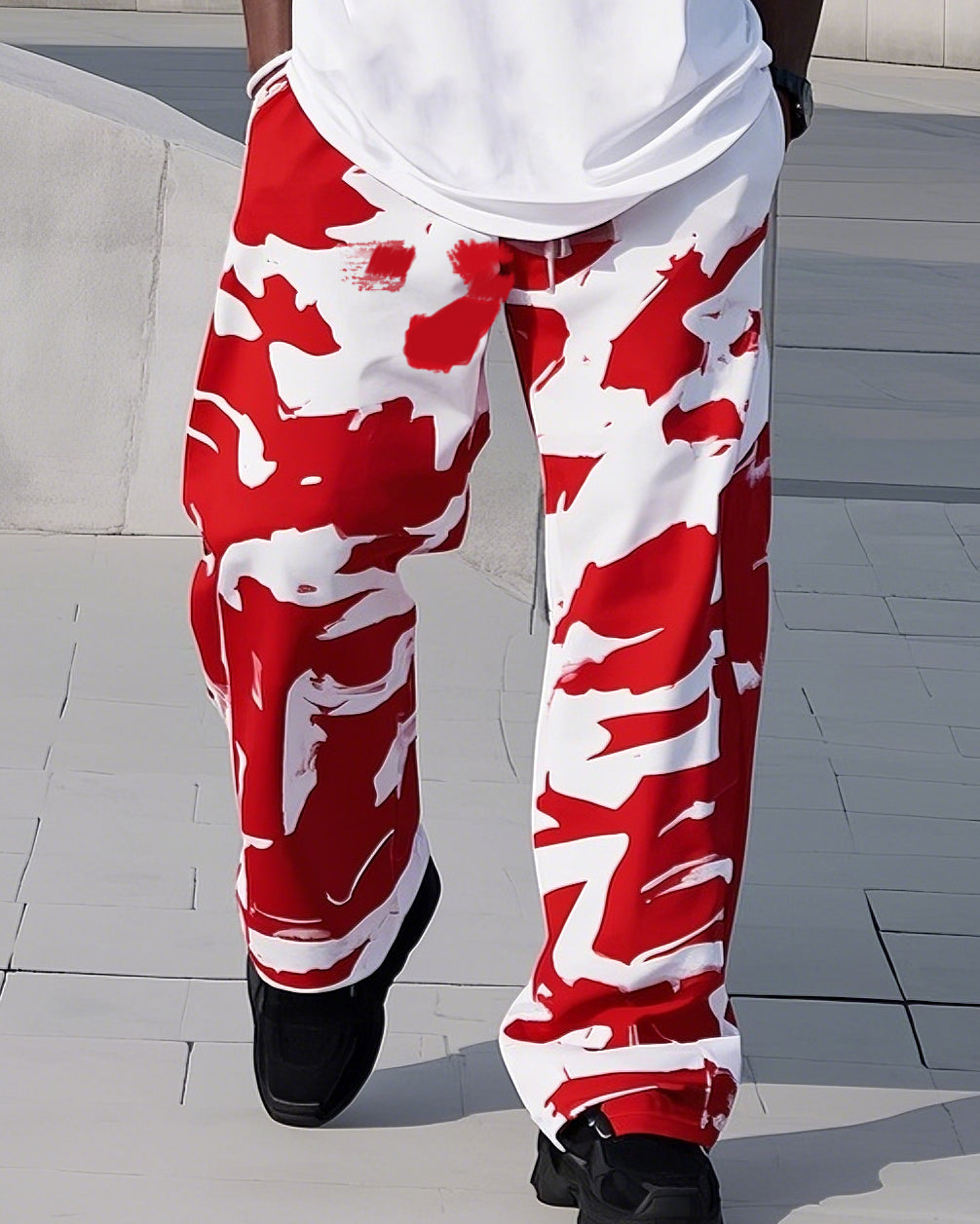 Big & Tall White Red Geometric T-Shirt Pants Set for big men view 3