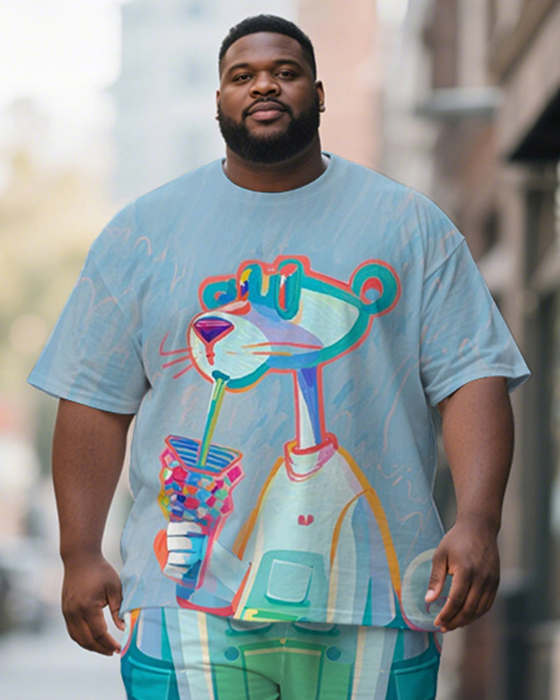 Big & Tall Blue Graphic Graffiti T-Shirt Shorts Set for big men view 2
