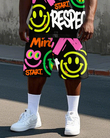 Big & Tall Graphic Graffiti Smiley T-Shirt Shorts Set for big men view 3