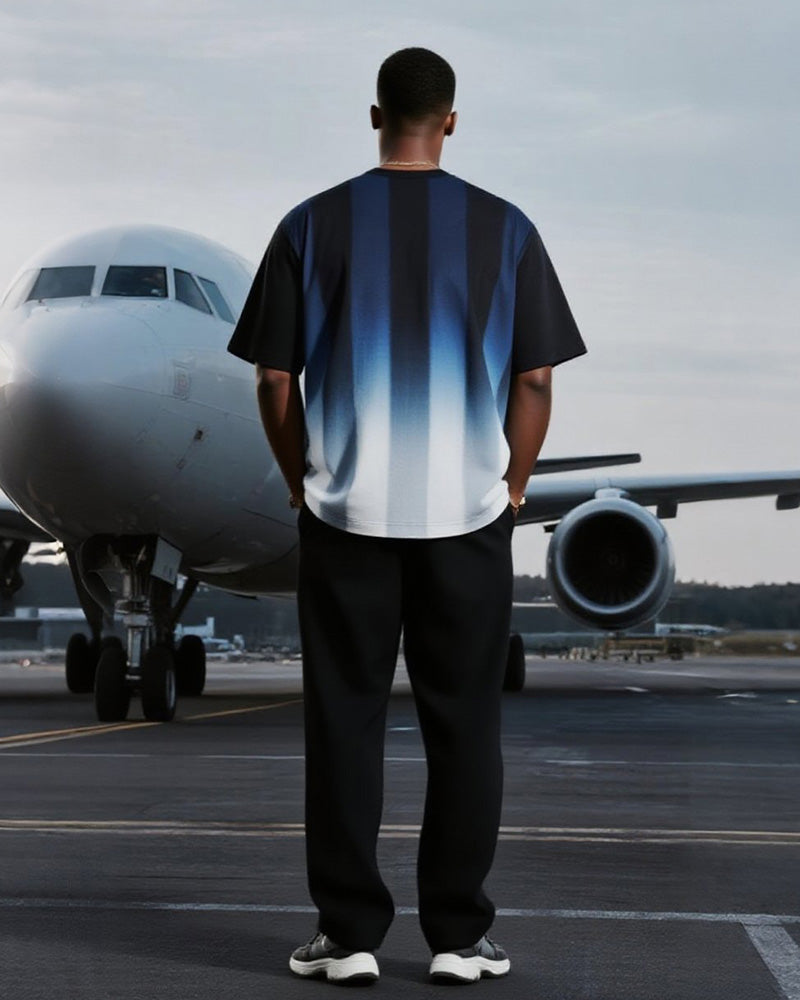 Big & Tall Blue Gradient Striped T-Shirt Pants Set for big men view 4
