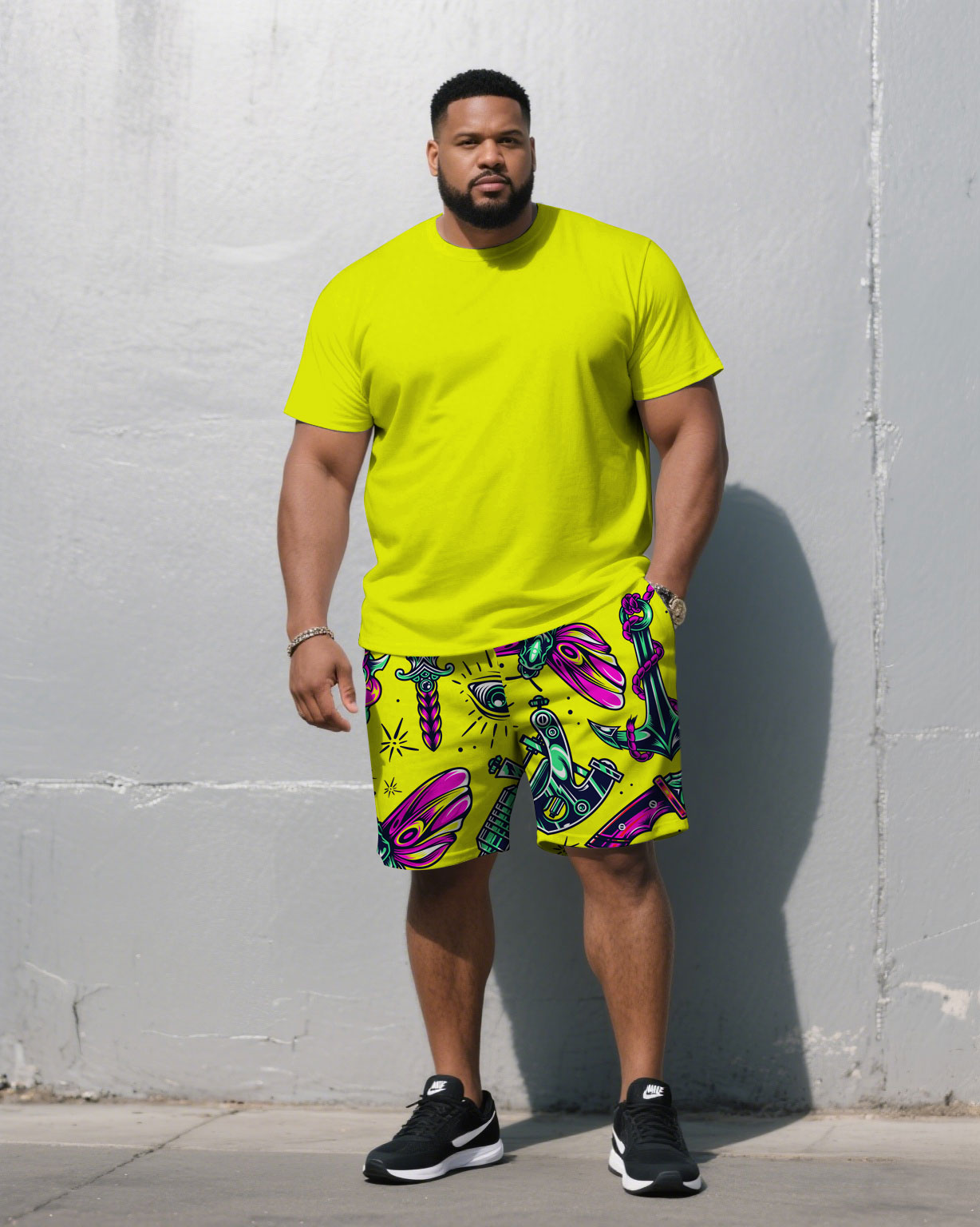 Big & Tall Yellow Solid Color T-Shirt Pants Set for big men view 1