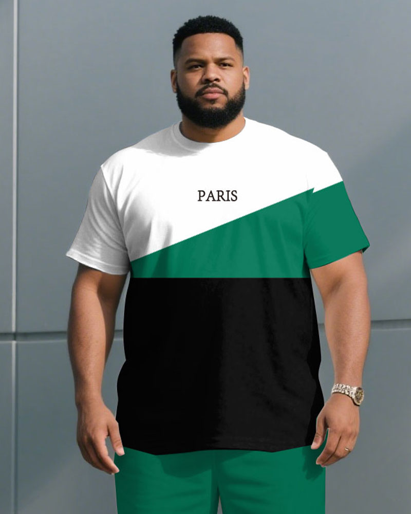 Big & Tall Black White Colorblock T-Shirt Shorts Set for big men view 2