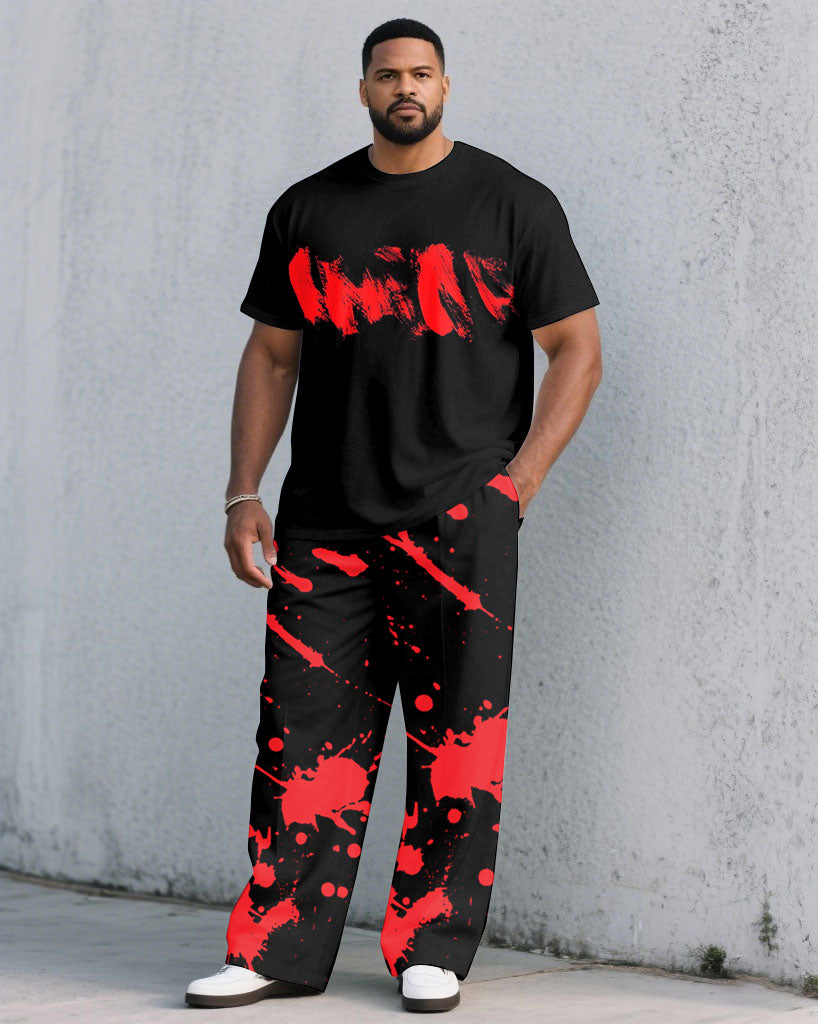 Big & Tall Black Red Splash Ink T-Shirt Pants Set for big men view 1