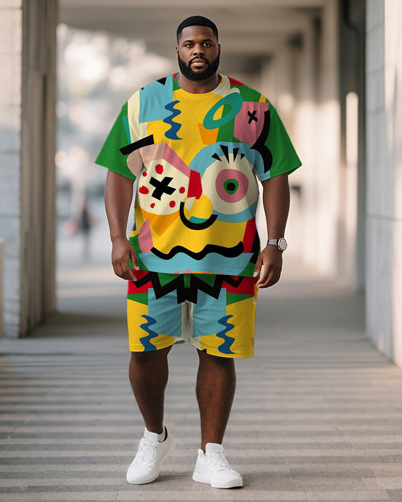 Big & Tall Green Graphic Graffiti T-Shirt Shorts Set for big men view 1