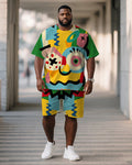 Big & Tall Green Graphic Graffiti T-Shirt Shorts Set for big men view 1