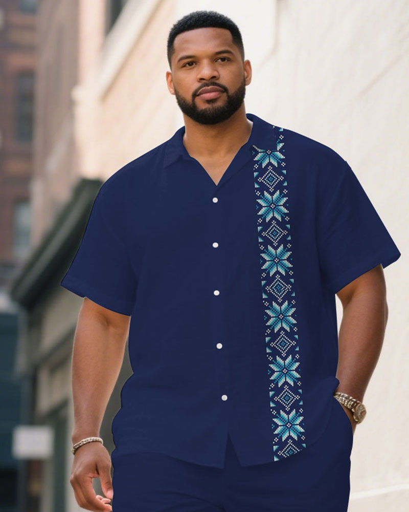 Big & Tall Blue Patchwork T-Shirt Shorts Set for big men view 2