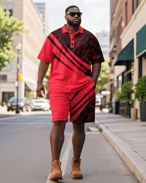 Big & Tall Black Red Colorblock Polo Shorts Set for big men view 1
