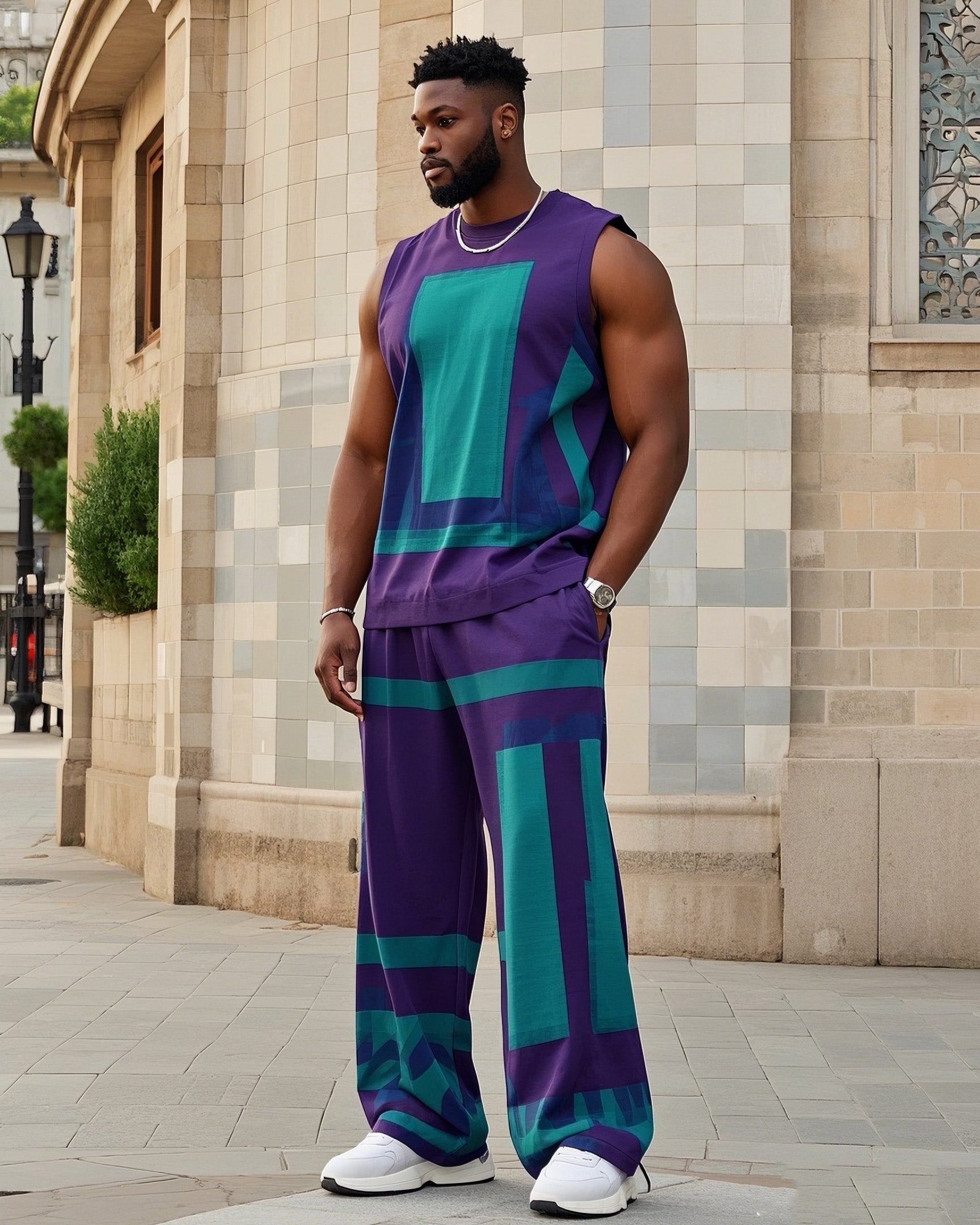 Big & Tall Colorblock Graphic Vest Pants Set for big men view 1