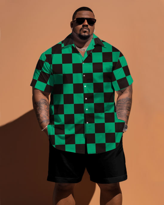 Big & Tall Green Plaid Graphic T-Shirt Shorts Set for big men view 1