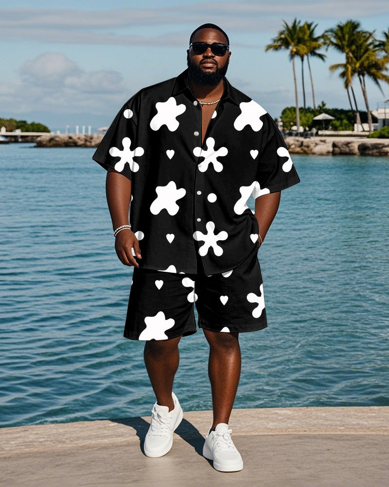 Big & Tall Black White Hawaiian T-Shirt Shorts Set for big men view 1