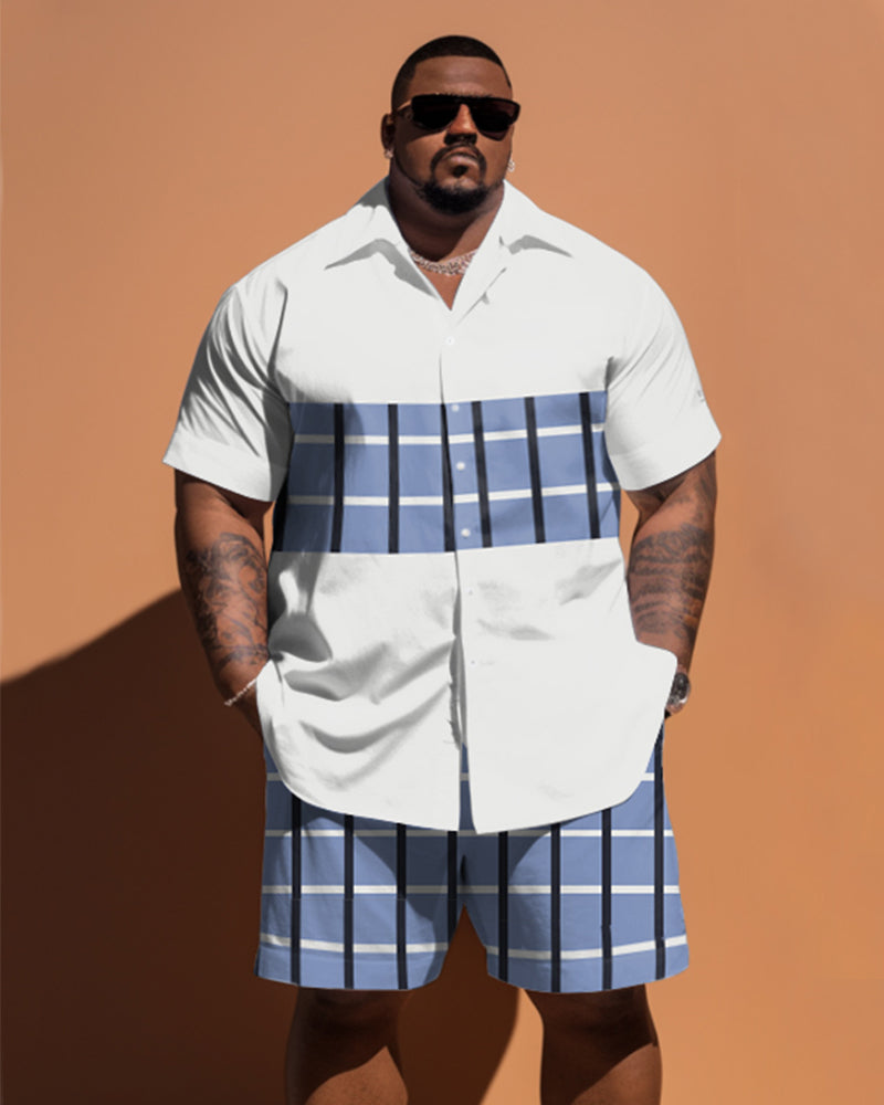 Big & Tall Plaid Patchwork T-Shirt Shorts Set for big men view 1